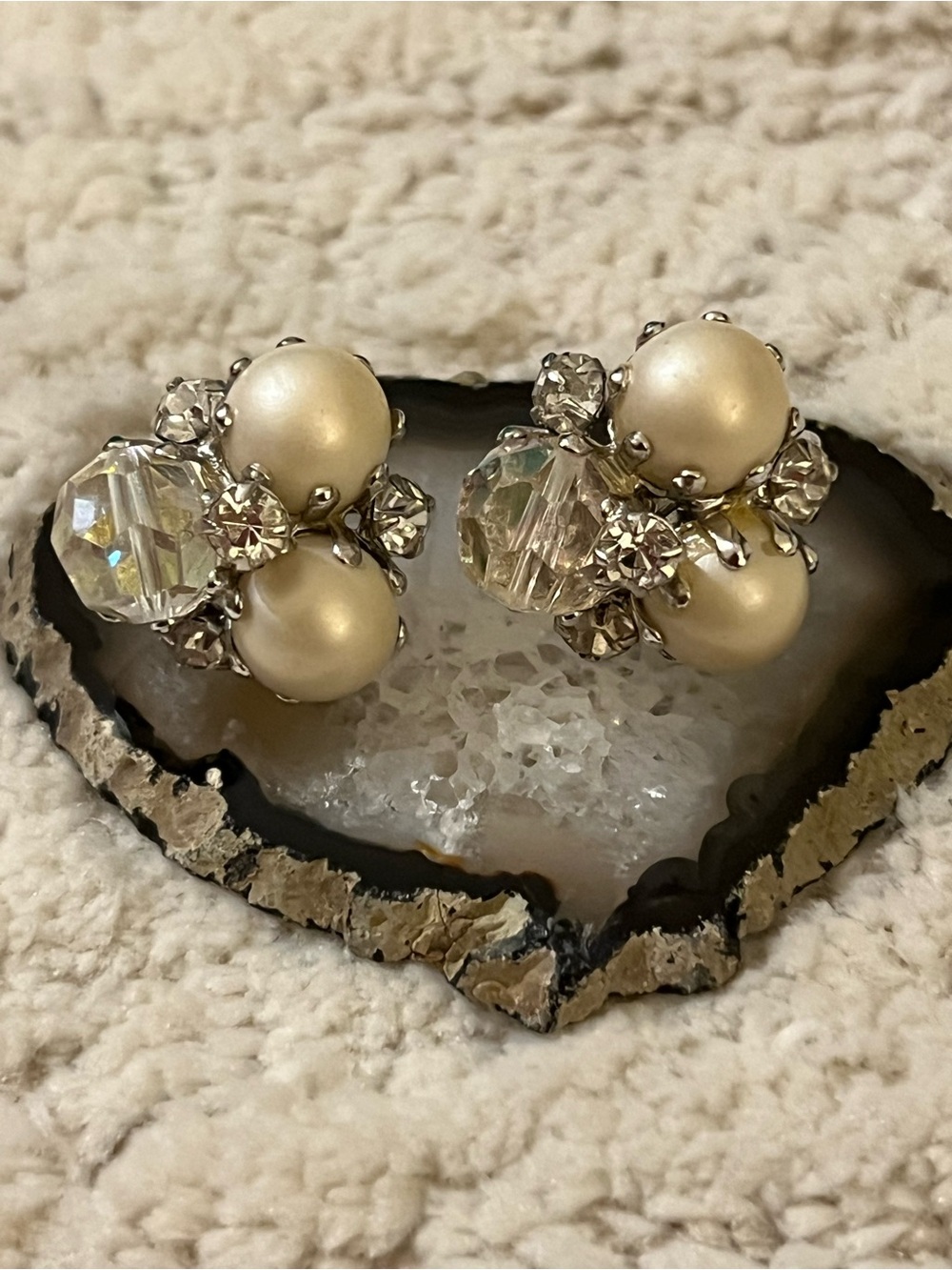Vogue Vintage Pearl and Crystal Cluster Clip-On Earrings in Ivory and Clear